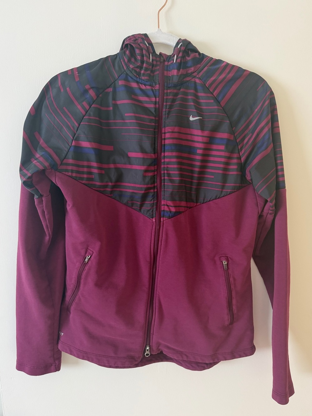 Nike Women’s Burgundy and Black Striped Hooded Bomber Jacket